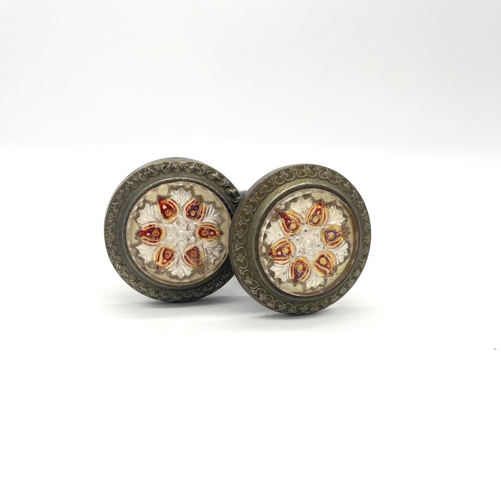 Antique Reverse Painted Glass Curtain Tiebacks Floral Medallion Wood Stem Pair